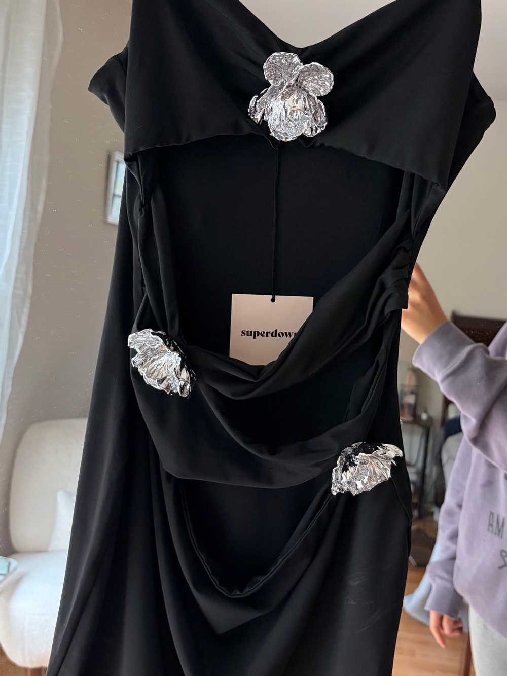 superdown Black Backless Draped Dress with Silver Floral Accents NWT